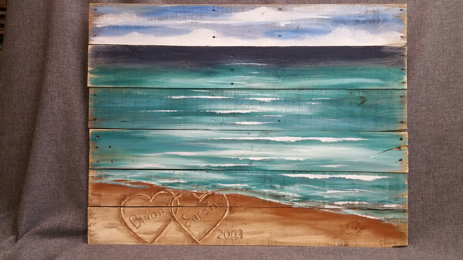 Large hand painted beach pallet wall Art, Personalized Hearts in the Sand, Wedding & Anniversary Gift