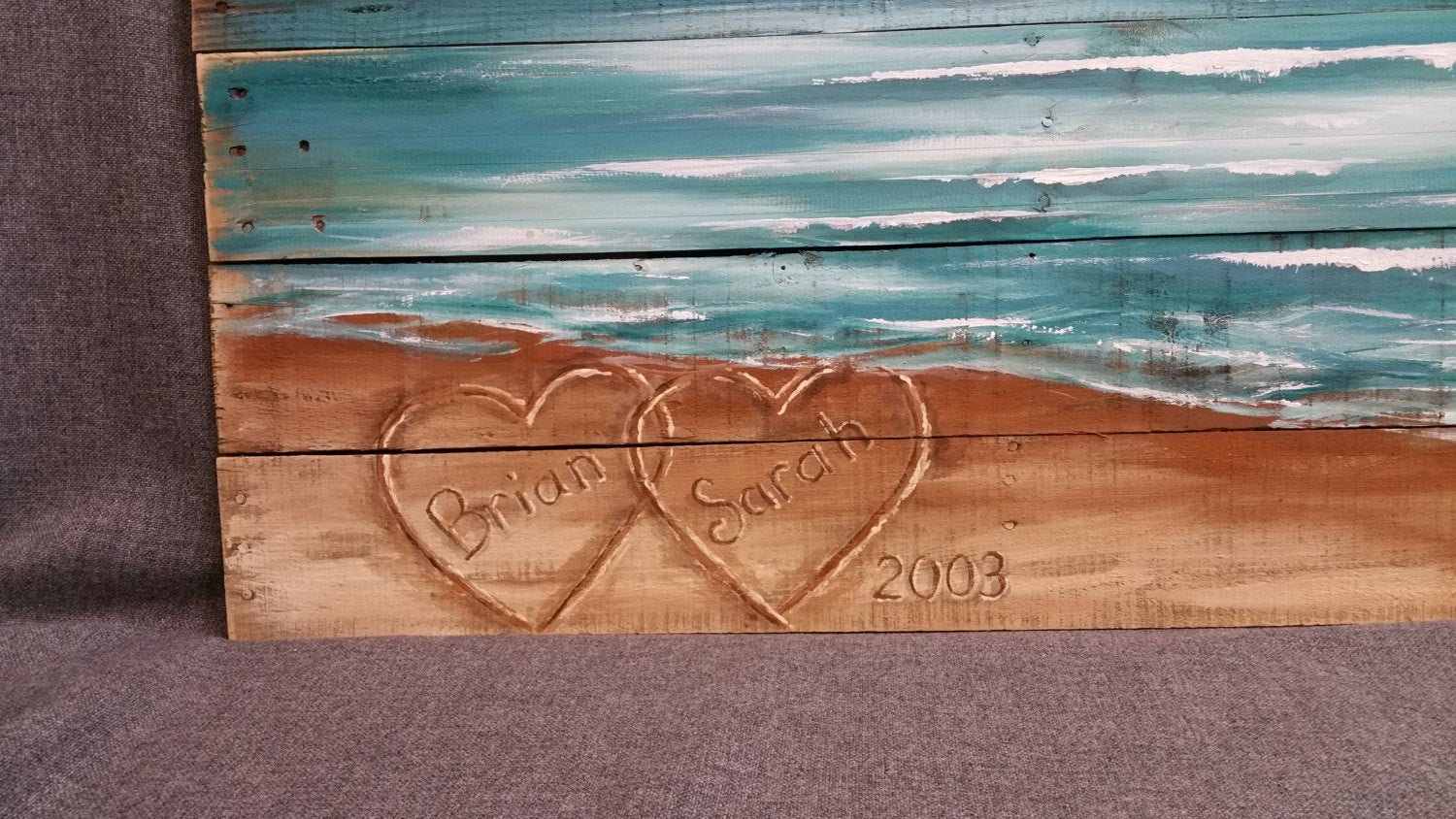 Large hand painted beach pallet wall Art, Personalized Hearts in the Sand, Wedding & Anniversary Gift