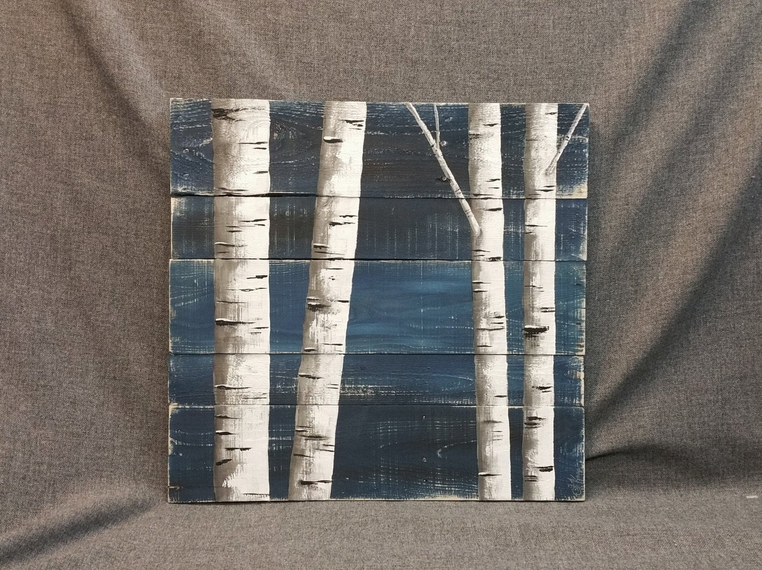 Hand painted white birch on pallet wood, 2 Piece set, Dark Blue decor, Farmhouse rustic painting