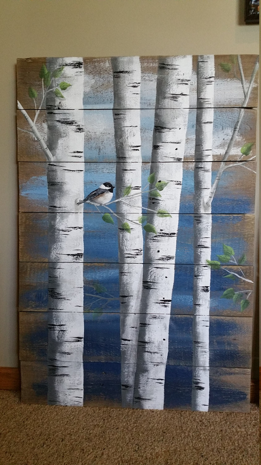 Hand painted White Birch 4 Piece Pallet art, 9' wide total, Couch Art
