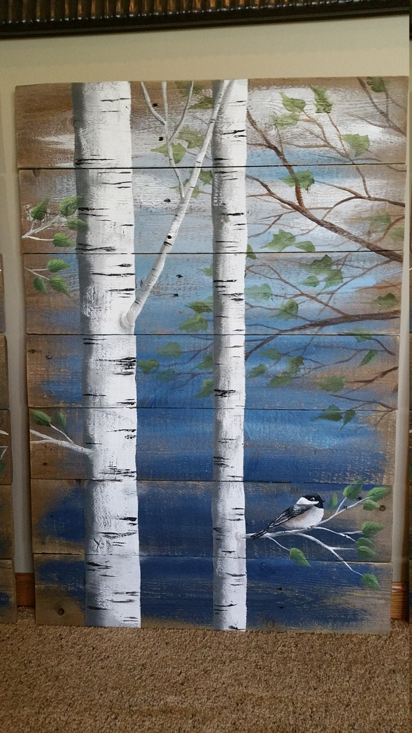 Hand painted White Birch 4 Piece Pallet art, 9' wide total, Couch Art